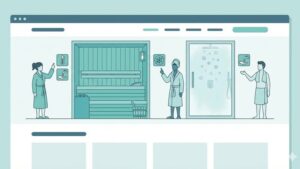 Современная иллюстрация сауны аквамарин с ледяным душем, безопасное оздоровление, чистый дизайн.